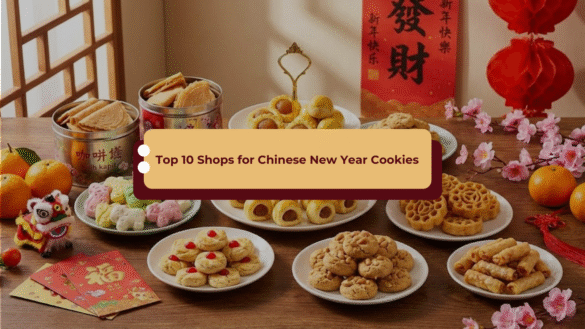 popular Malaysian Chinese New Year cookies for 2026 surrounded by red lanterns and cherry blossoms