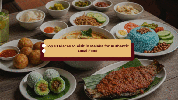 Variety of authentic Melaka food served on a wooden table