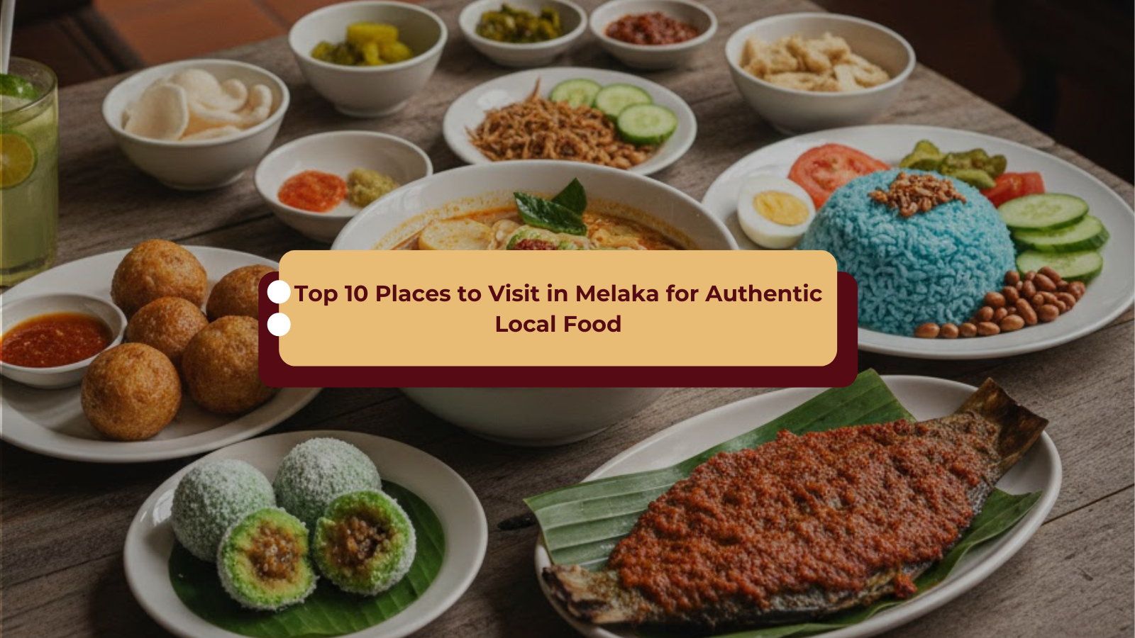 Variety of authentic Melaka food served on a wooden table