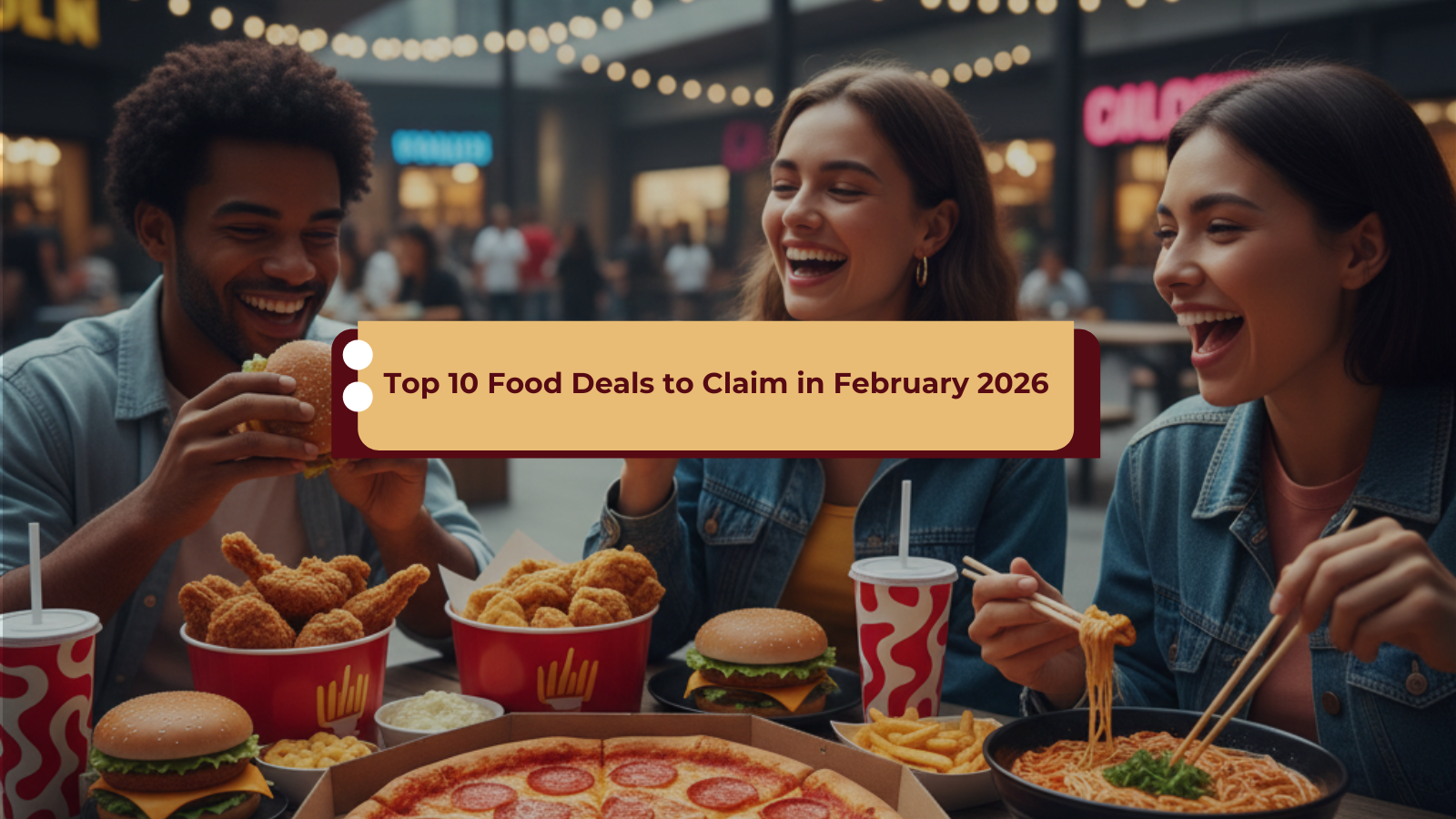 group of friends laughing and sharing various fast food items