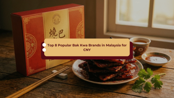 Stack of glazed bakkwa slices on a traditional Chinese plate