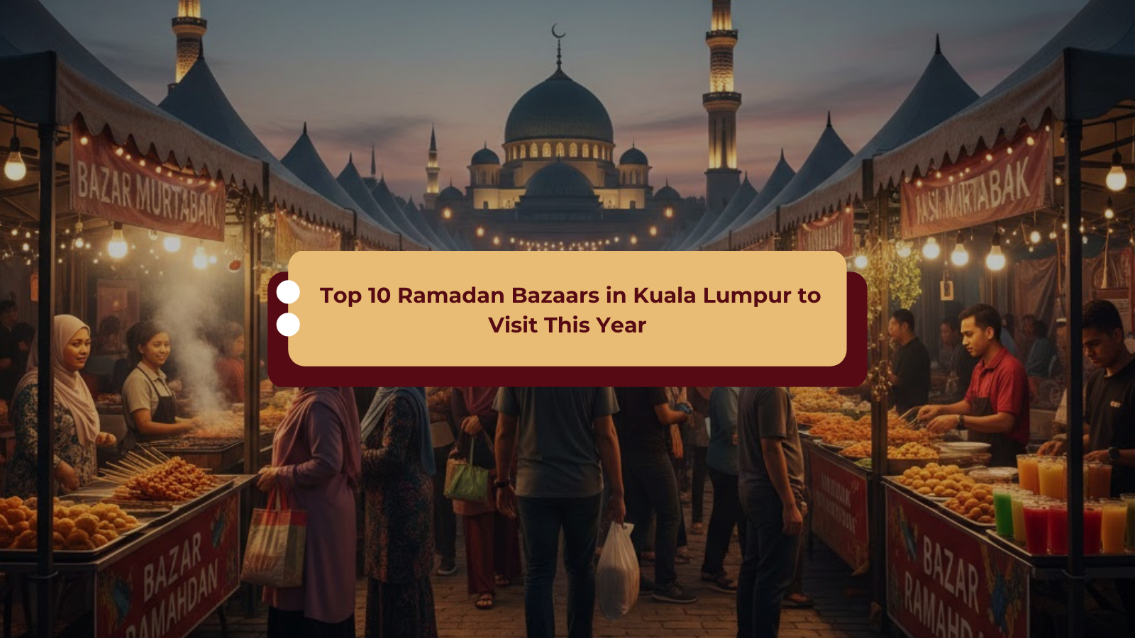 Ramadhan bazaar at dusk with glowing lanterns, street food stalls, and people walking toward a majestic mosque in the background